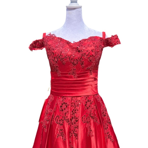 SOLD! Crimson Embroidered Off-Shoulder Ballgown with Cathedral Train - Size M - Picture 2 of 9